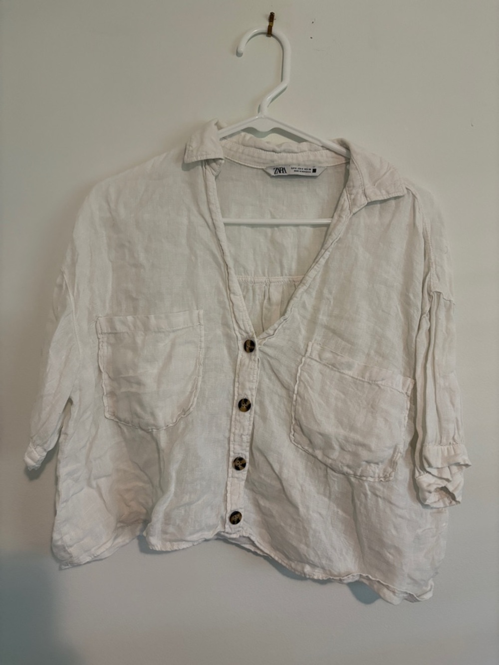 Zara Off-White Linen Button-Front Pocket Blouse